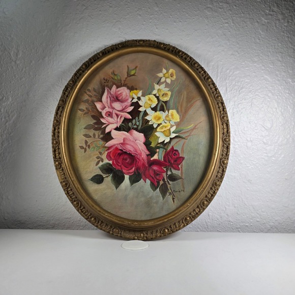 Vintage Oval Floral Painting Roses Daffodils Marie 78 Framed Art